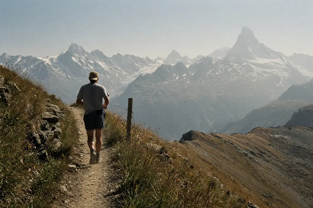 A runner on a narrow path high above a valley, snowy peaks in the haze ahead
